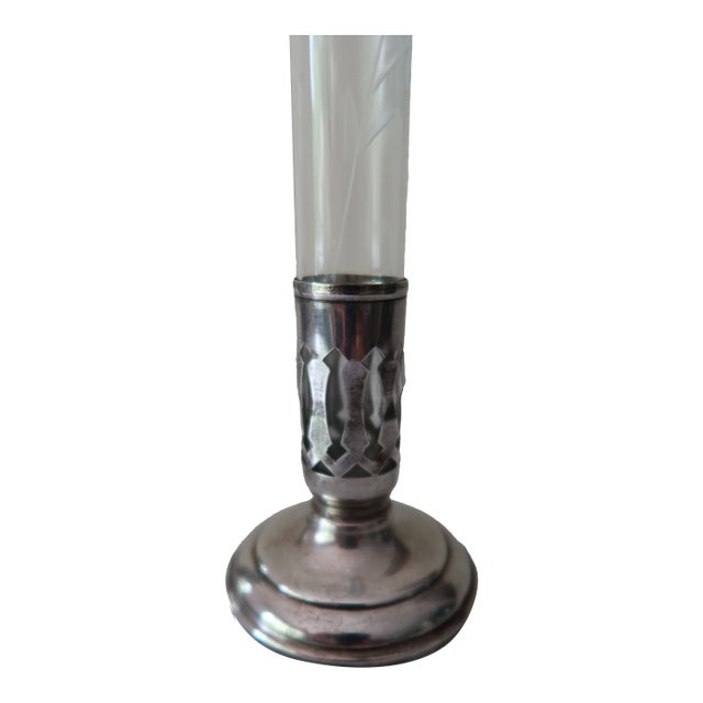 Pair of Antique Weighted Sterling Silver & Etched Glass Bud Vases — Gothic Reticulated Collar, C. 1900–1930 For Sale