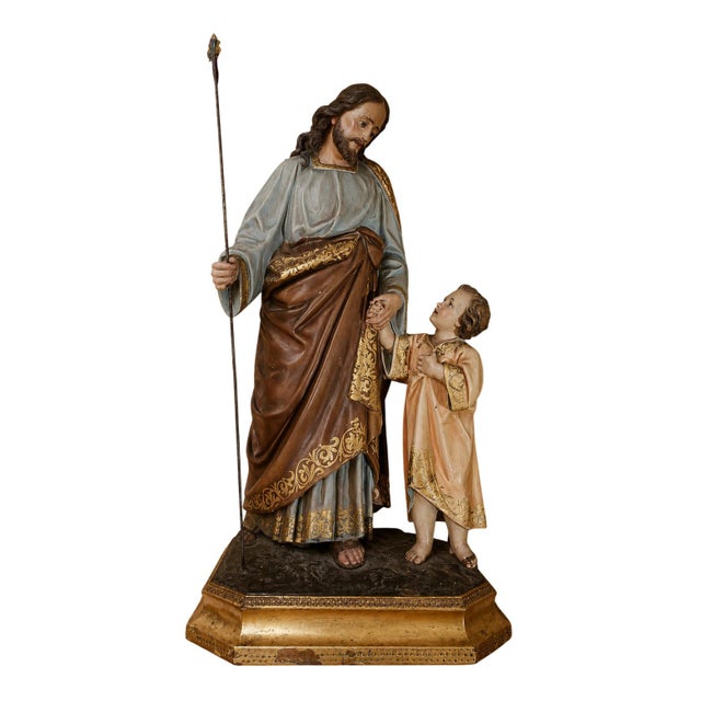Large Religious Statue of Saint Joseph and the Baby Jesus in Polychrome Terracotta and Gilded Wood For Sale - Image 11 of 11