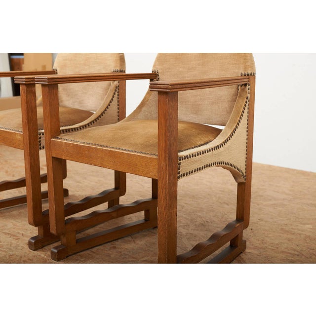 Arts and Crafts Oak Armchairs with Velour Upholstery, Set of 2 For Sale - Image 3 of 13