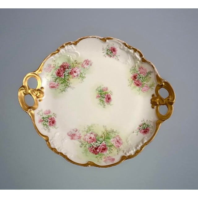 Antique 1900s Jean Pouyat Limoges Hand-Painted Handled Cake Plate - Pink Roses For Sale - Image 9 of 11