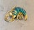 Mid-Century Modern Gold Tone / Green Swirl & Faux Pearl Shrimp Brooch For Sale - Image 3 of 4