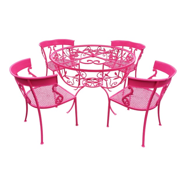 Salterini Neon Pink Wrought Iron Table and 4 Klismos Chairs - 5 Pieces, Unmarked For Sale
