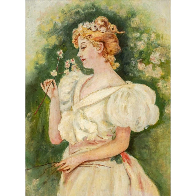 American School, Portrait of a Blonde Woman Smelling Pink Flowers Amongst a Landscape, Oil on Canvas, unsigned, giltwood...