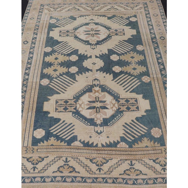 Textile Blue Oushak Rug With Geometric Medallion Design 5' 5" X 8' 10" For Sale - Image 7 of 14