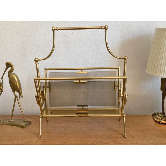 Mid-Century Modern Vintage Italian Magazine Rack in Brass and Smoked Glass by Cesare Lacca for Fontana Arte, 1950s For Sale - Image 3 of 4
