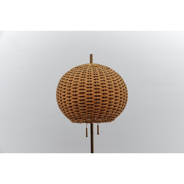 Metal Mid-Century Modern Tripod Brass and Rattan Floor Lamp, Austria, 1950s For Sale - Image 7 of 16