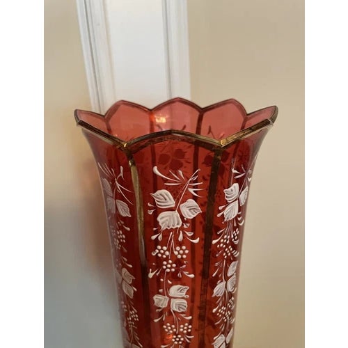 Metal Pair of Antique Silver Plate Candle Holders With Red Glass Mary Gregory Hurricanes For Sale - Image 7 of 12