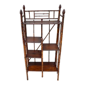 Antique Faux Tortoise Shell Finish Bamboo Etagere With Five Pine Planked Shelves