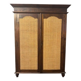 Vintage Indonesian Armoire With Natural Rattan Door Panels, C. 1990s For Sale