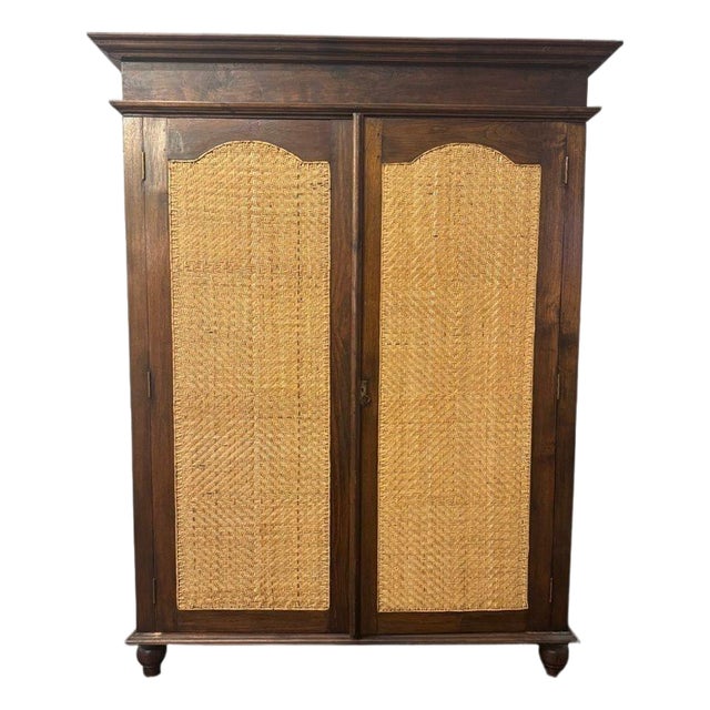 Vintage Indonesian Armoire With Natural Rattan Door Panels, C. 1990s For Sale