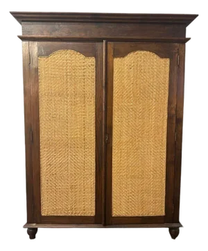 Vintage Indonesian Armoire With Natural Rattan Door Panels, C. 1990s
