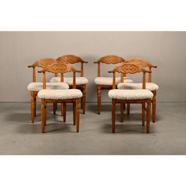 Sculptural set of 6 Brutalist dining chairs, designed by Henning Kjærnulf and manufactured by EG Kvalitetsmøbel, Denmark,...