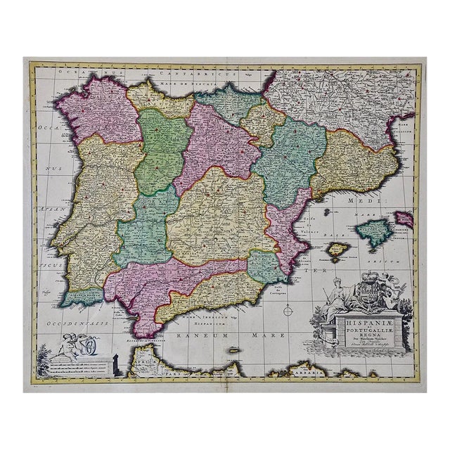 Spain and Portugal: An 18th Century Hand Colored Map by Visscher For Sale