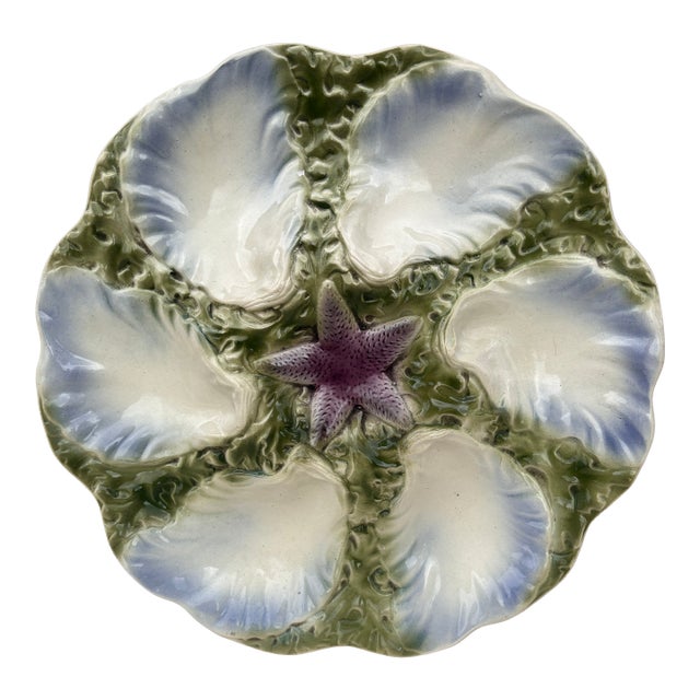 Majolica Oyster Blue Starfish Plate Digoin, Circa 1900 For Sale