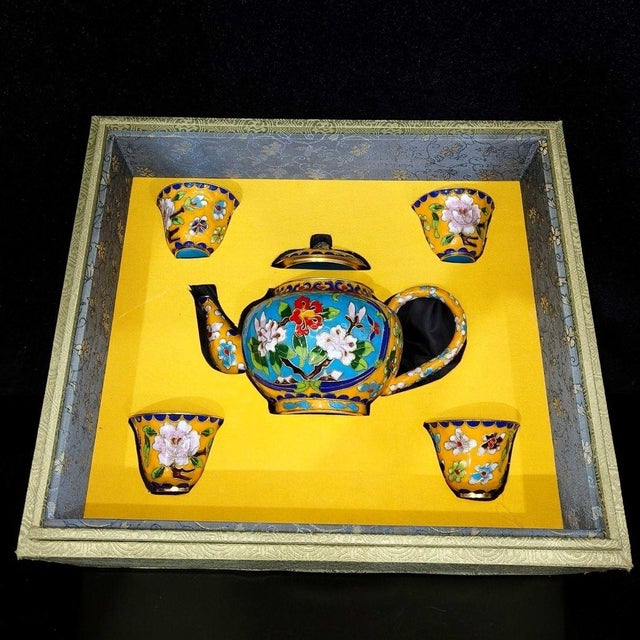 Mid 20th Century Vintage Cloisonne Enamel Tea Set – 7.1" Yellow Ground Floral Teapot & 4 Cups in Box For Sale - Image 5 of 8