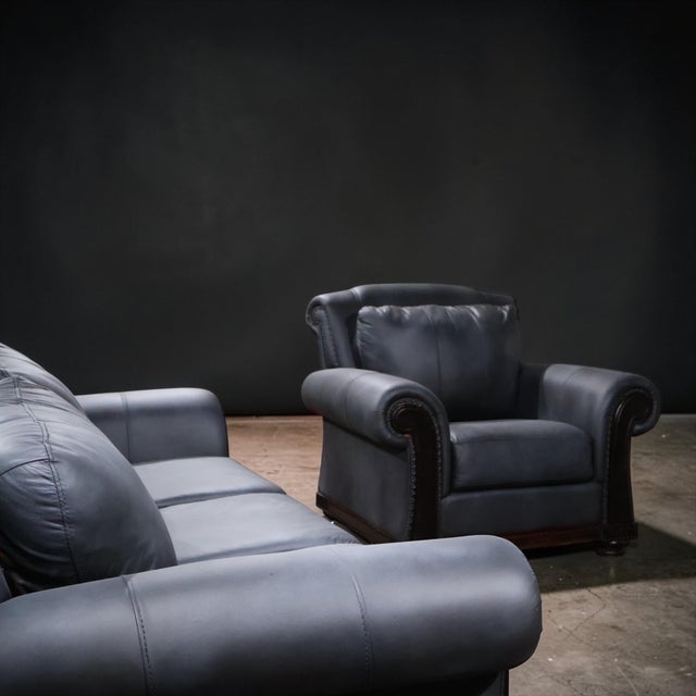 Animal Skin Restored Dark Charcoal Leather Sofa & Club Chair Set – Classic Rolled Arm Design For Sale - Image 7 of 11