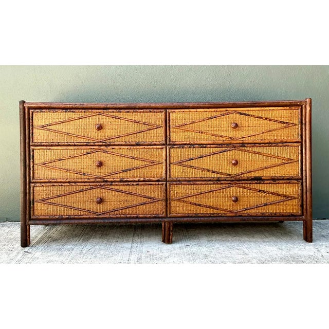 Mid-Century Modern Vintage Diamond Rattan and Wood Six-Drawer Dresser For Sale - Image 3 of 12
