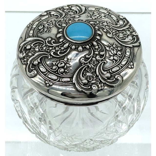 American Brilliant Cut Glass, Sterling & Turquoise Dresser Jar, by Whiting For Sale In West Palm - Image 6 of 9