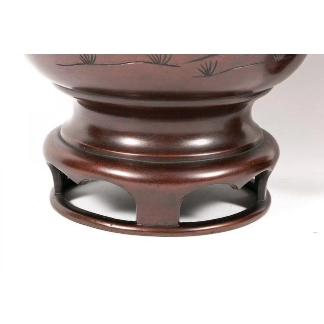 Metal Pair Meiji Japanese Bronze Vases With Bird & Pond Relief For Sale - Image 7 of 11