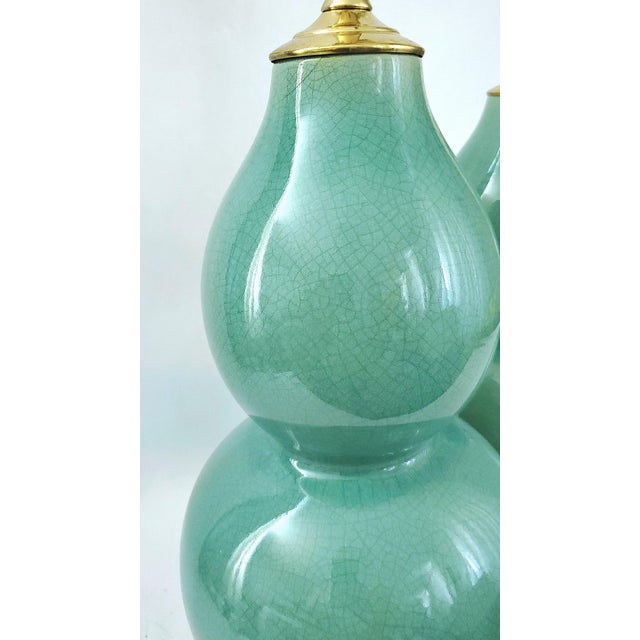 Metal Lamp Pair Restored Vintage Christopher Spitzmiller Style Coastal Blue Crackled Porcelain For Sale - Image 7 of 14