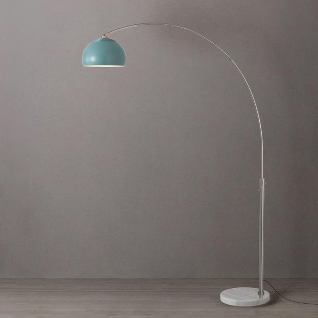 Mid-Century Modern 1960s Half Dome Morelli Floor Lamp - 92" Mid Century Modern Arc Lamp, Satin Nickel Finish, White Marble Base, Pool Blue Shade, Dimmable For Sale - Image 3 of 7