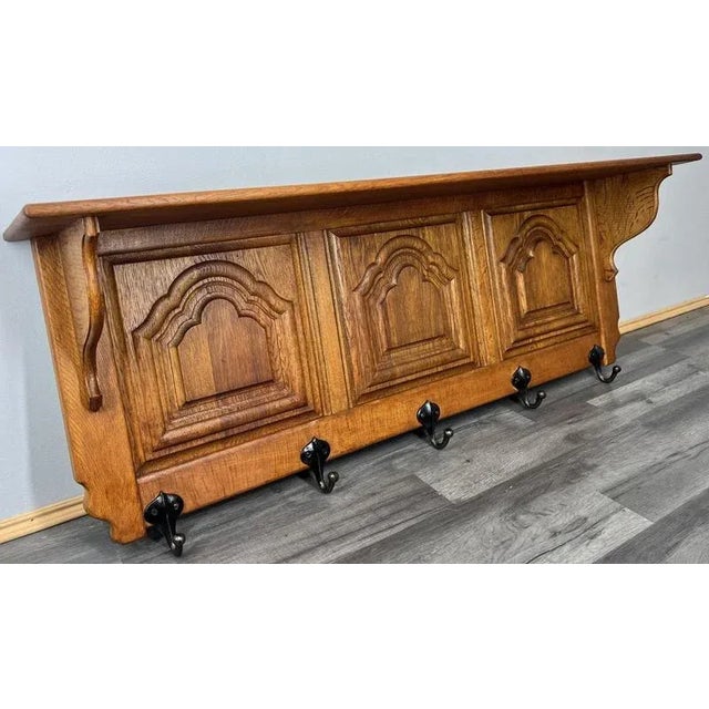 French Vintage Carved Oak Coat Rack with 5 Metal Hooks For Sale - Image 4 of 9