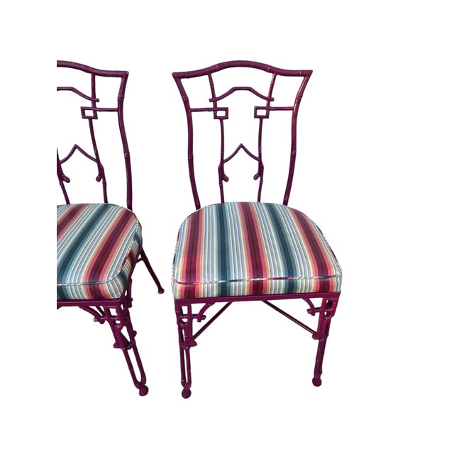 Magenta 2 Vintage Chinese Chippendale Regency Side Chairs Dining Aluminum Faux Bamboo For Sale - Image 8 of 13