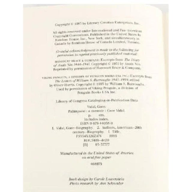 1995 Signed Hardcover Copy of Gore Vidal's Memoir Palimpsest For Sale - Image 5 of 5