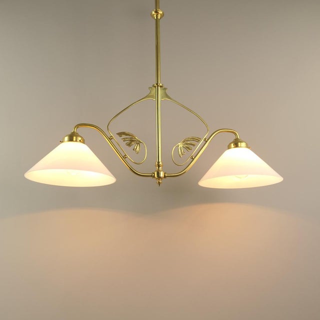 Metal Viennese Art Nouveau Pendant Lamp with Opal Shades, 1920s For Sale - Image 7 of 11