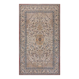 1950s Ivory Medallion Vintage Persian Nain Wool & Silk Carpet 5'1" X 8'10" Knotted Rug For Sale