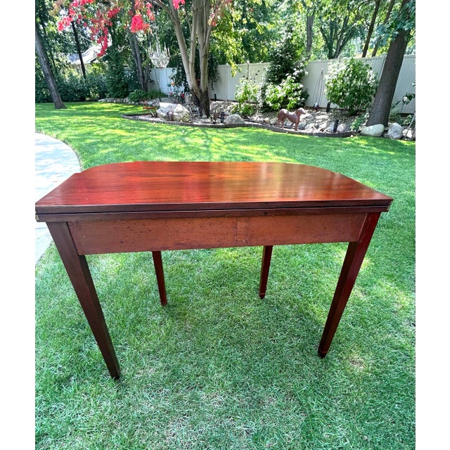 Late 18th Century Antique, Flame-Mahogany, Federal Style, Game Table, Swivel and Hinged Flip-Top Mechanism, Geometric String Inlay, C1780-1830, Demilune Console Table For Sale - Image 5 of 12