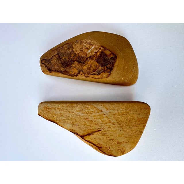 Tan Hand Carved Stone Vessels Pair Sculptural Forms W Raised Mineral Vein For Sale - Image 8 of 10