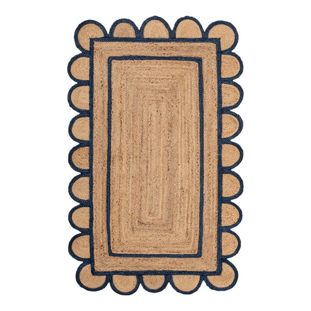 2'x2' Scallop Jute Navy Hand Made Rug For Sale