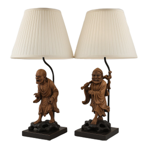 Pair of Antique C 1910's Chinese Handcarved Boxwood Statues Made Into Lamps With Shades
