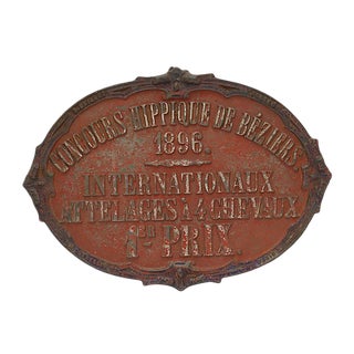 1896 French 1st Place Horse Award Plaque For Sale