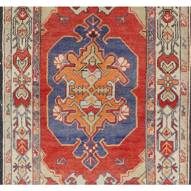 Measures: 3 x 5'8. Vintage Turkish Oushak Rug with Bold Red, Indigo Blue, Saffron Gold and Ivory. Keivan Woven Arts /...