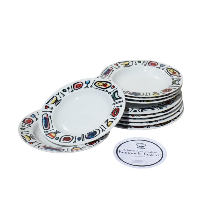 10 porcelain plates Design Emanuele Luzzati Fine porcelain manufacturer Size: diameter 23 cm / height 3 cm diameter 28 cm...