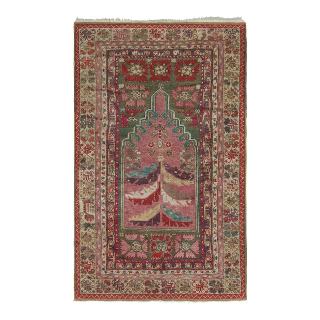 Hand-Knotted Antique Anatolian Rug in Pink and Green All Over Geometric Pattern For Sale