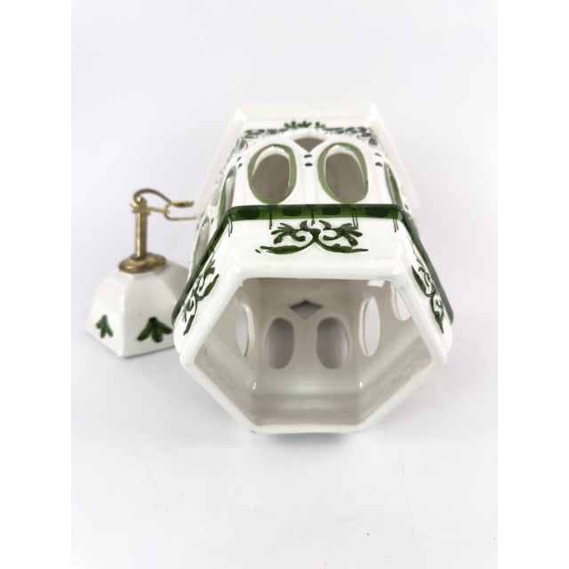 Vintage French Ceramic Pendant Light With Hand-Painted Green Birds For Sale - Image 9 of 18