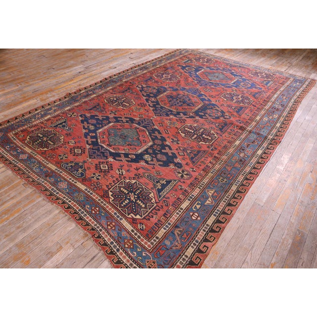 Late 19th Century 1890s Red Blue Tribal Geometric Antique Caucasian Sumak Rug 7'6" X 10'6" Flatweave Wool Carpet For Sale - Image 5 of 7