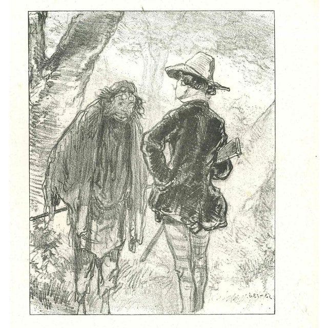 After Paul Gavarni, The Conversation of Vagabond and Hunter, Original Lithograph, 1881 For Sale