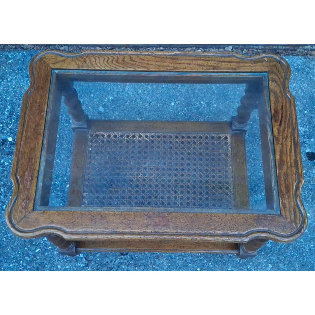 Wood Mid-Century Barley Twist Oak and Cane Tiered Glass Top Side Table For Sale - Image 7 of 12