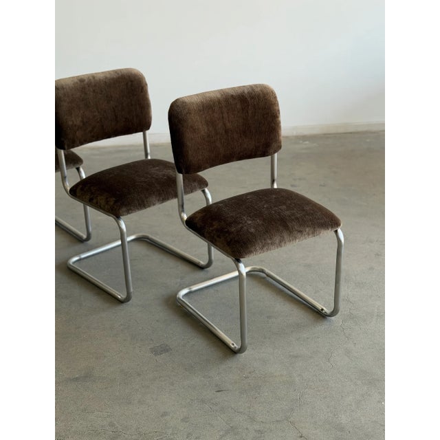 Textile 1970s Cantilever Dining Chairs in Brown Chenille - Set of 4 For Sale - Image 7 of 14