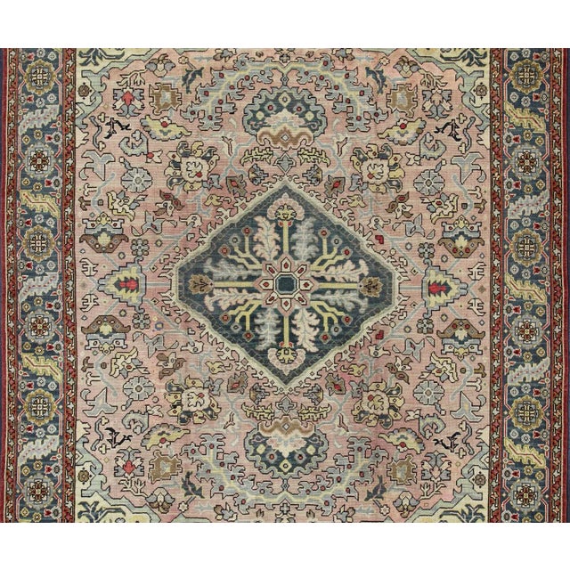 Traditional 1930s Large Oushak Rug With Floral Design in Pink and Steel Blue For Sale - Image 3 of 13