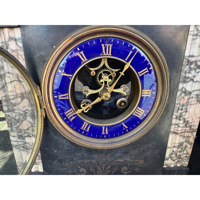 Antique 19th C Black Marble Mantel Clock Blue Dial Open Escapement 16” For Sale - Image 4 of 10