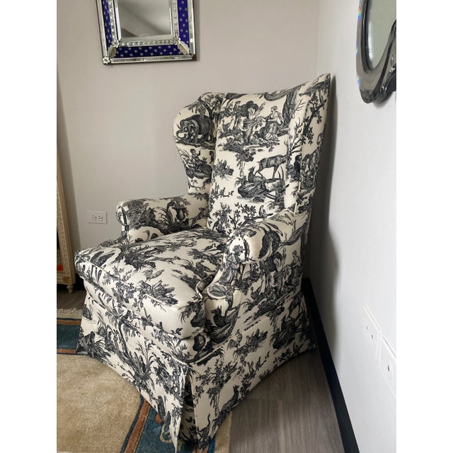 Vintage Toile Custom Wingback Armchair For Sale In Denver - Image 6 of 13