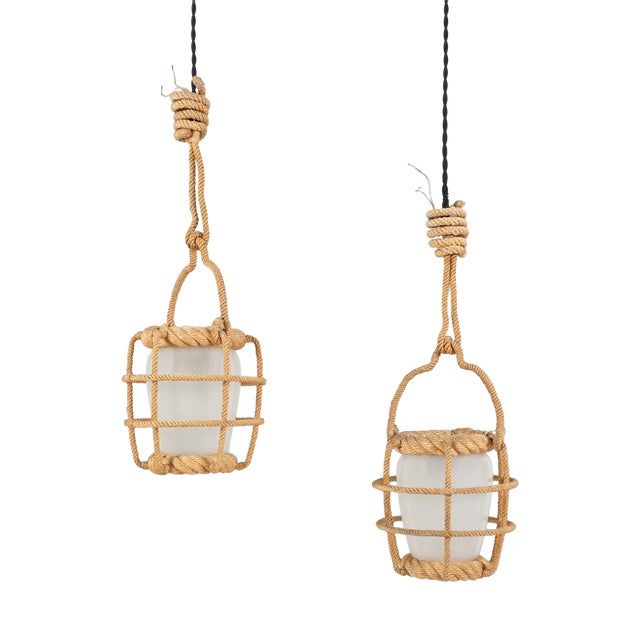 Rope and Opaline Lanterns by Adrien Audoux & Frida Minet, 1960s, Set of 2 For Sale