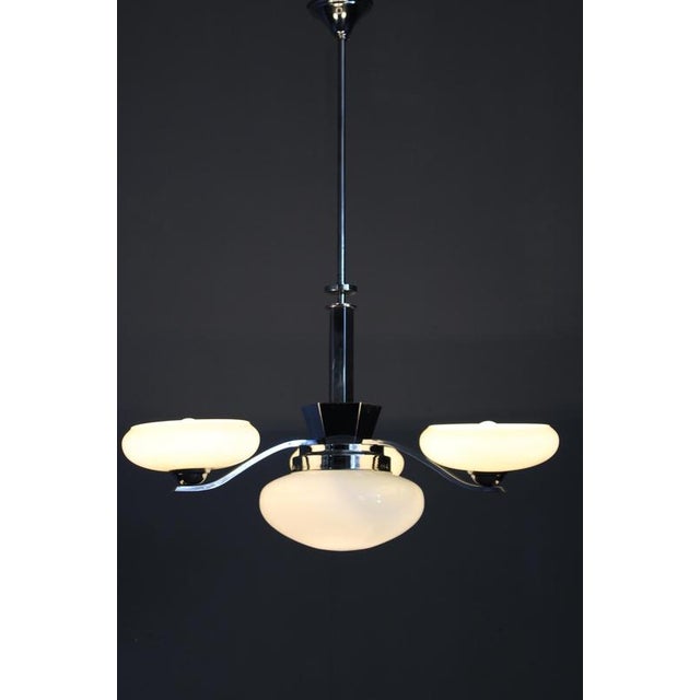 Vintage Art Deco Chrome Pendant Light with Cream Opaline Glass Shades, 1930s For Sale - Image 12 of 13