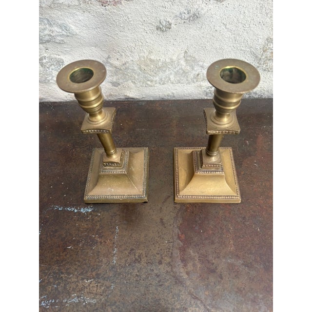 Metal Pair of Antique Brass Victorian Candlesticks, Beaded Square Base For Sale - Image 7 of 10