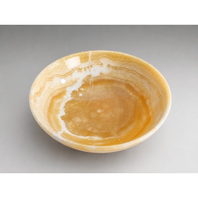 Modern Honey Onyx Pedestal Bowl 10x10x5 | Handcrafted Natural Stone Decorative Centerpiece For Sale - Image 3 of 7